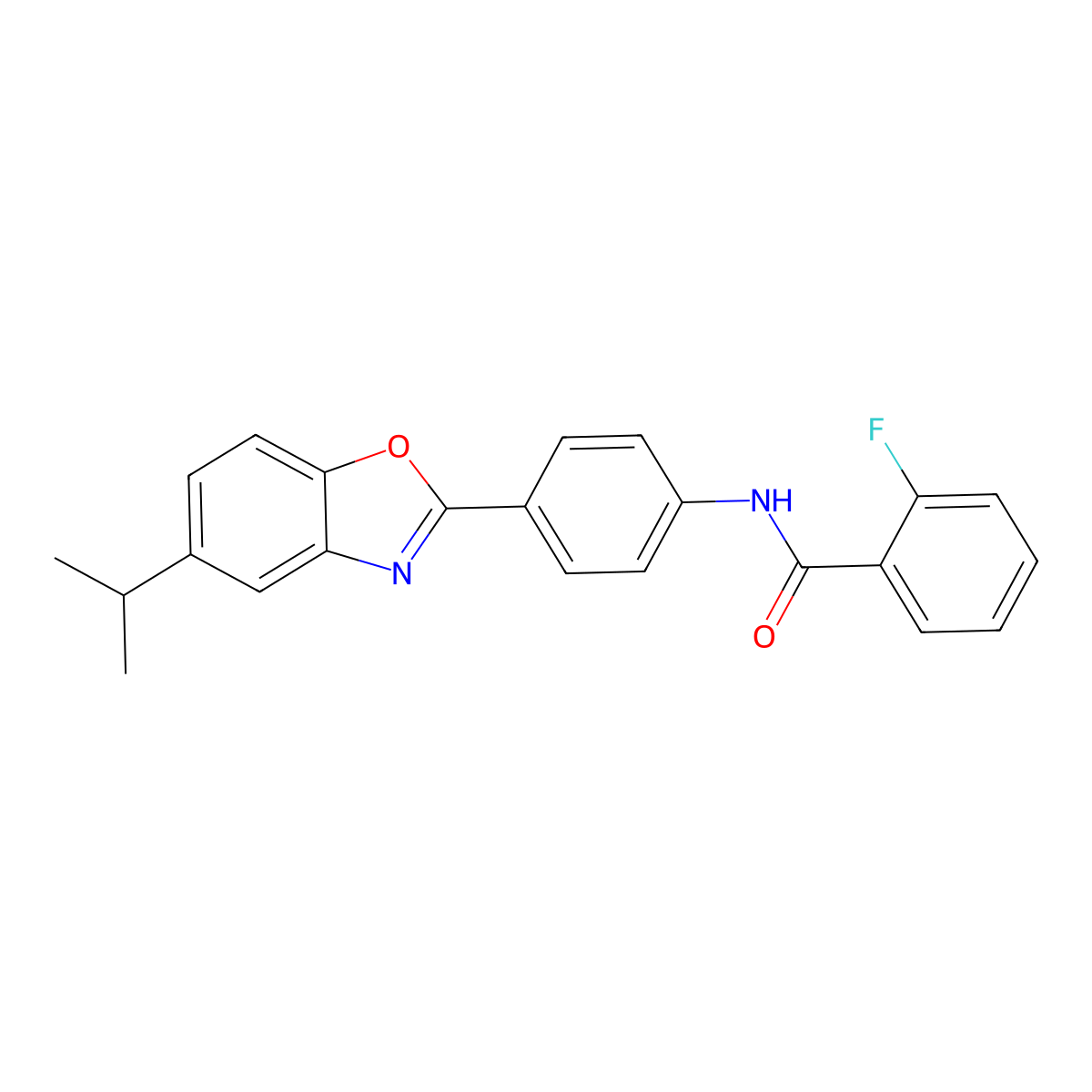 2-fluoro-N-{4-[5-(propan-2-yl)-1,3-benzoxazol-2-yl]phenyl}benzamide molecular structure, CAS 364744-43-4