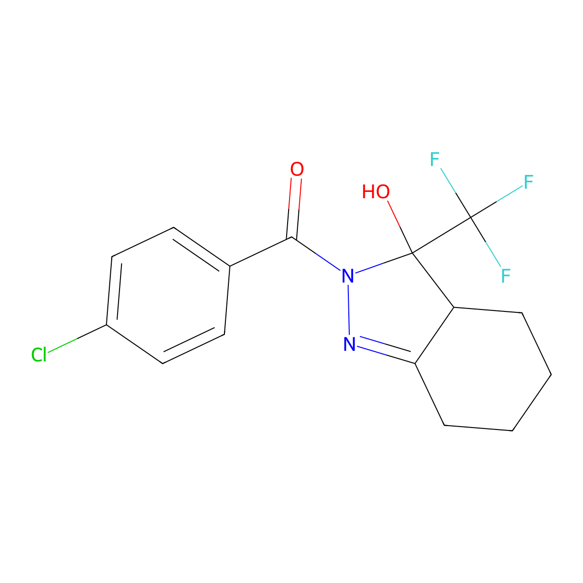 (4-chlorophenyl)[3-hydroxy-3-(trifluoromethyl)-3,3a,4,5,6,7-hexahydro-2H-indazol-2-yl]methanone molecular structure, CAS 364744-67-2