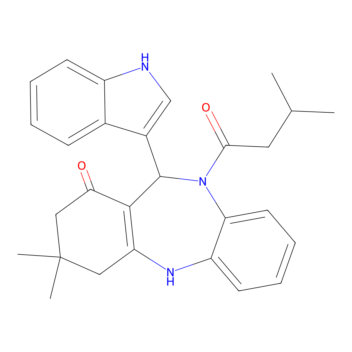 6-(1H-indol-3-yl)-9,9-dimethyl-5-(3-methylbutanoyl)-6,8,10,11-tetrahydrobenzo[b][1,4]benzodiazepin-7-one molecular structure, CAS 364747-54-6