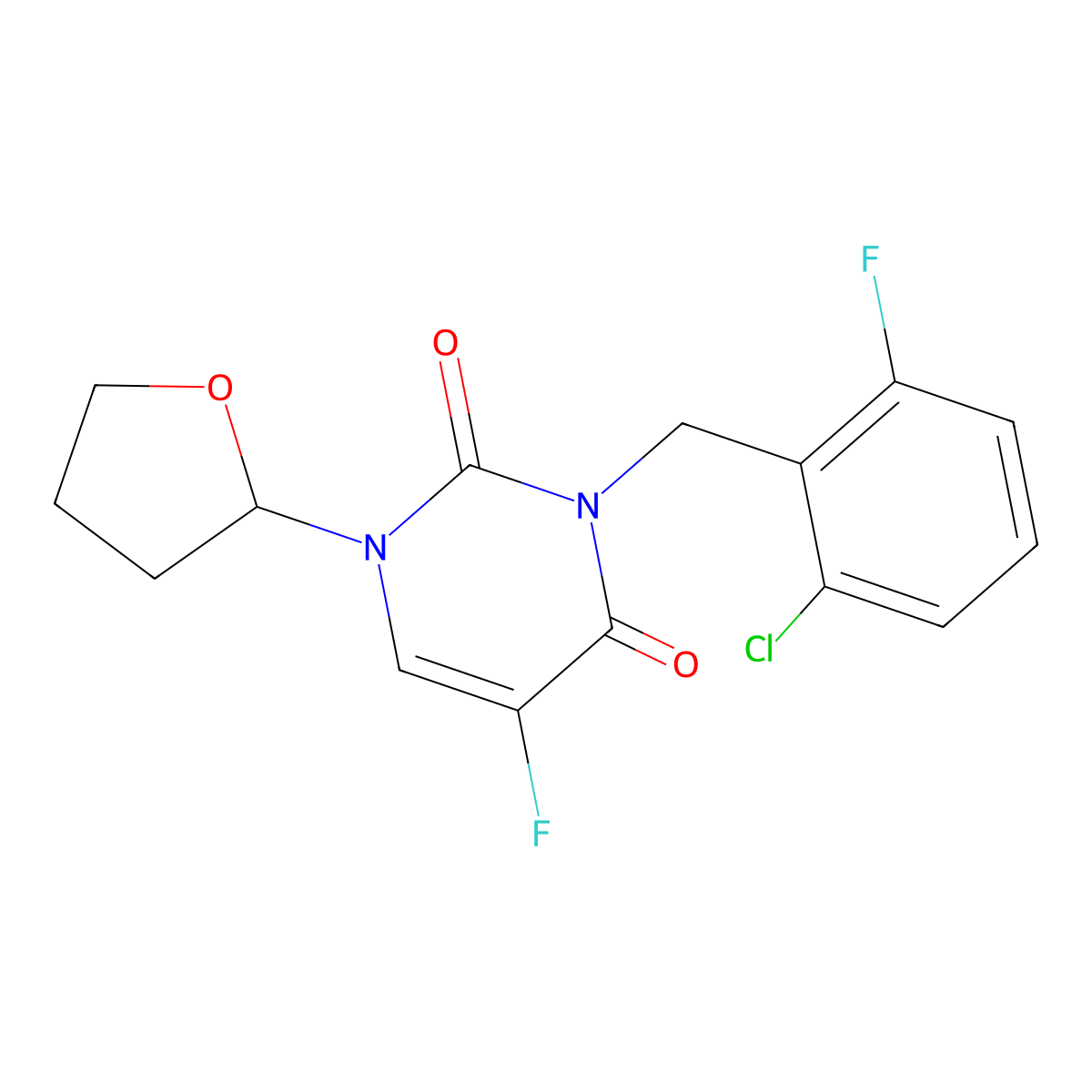 3-[(2-Chloro-6-fluorophenyl)methyl]-5-fluoro-1-(2-oxolanyl)pyrimidine-2,4-dione molecular structure, CAS 364747-67-1