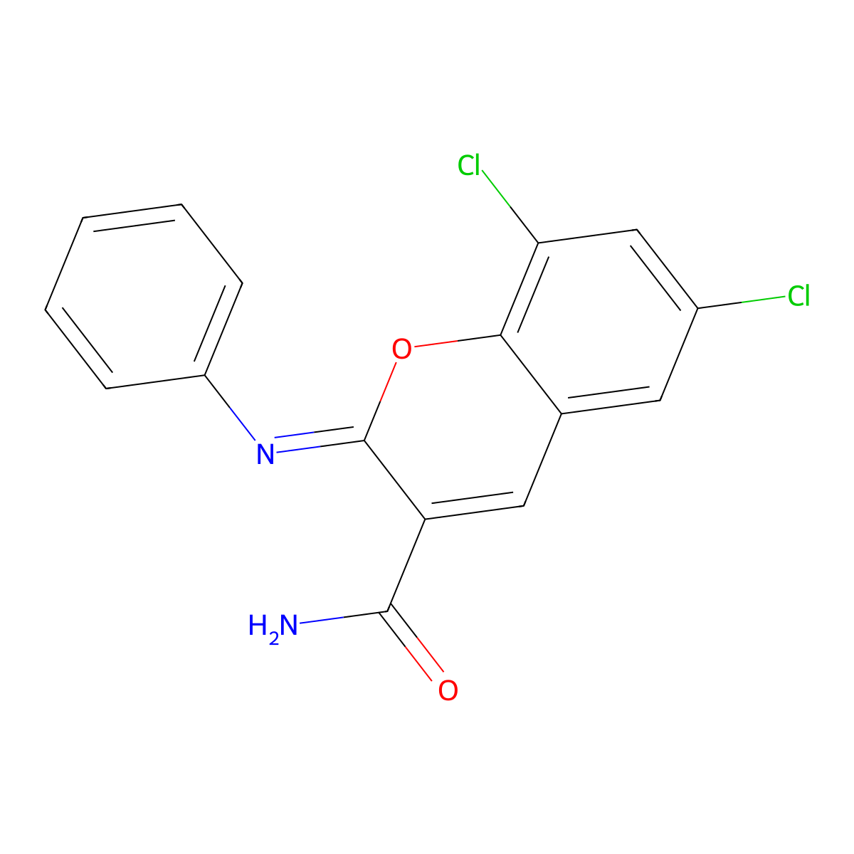 (2Z)-6,8-dichloro-2-(phenylimino)-2H-chromene-3-carboxamide molecular structure, CAS 364749-39-3