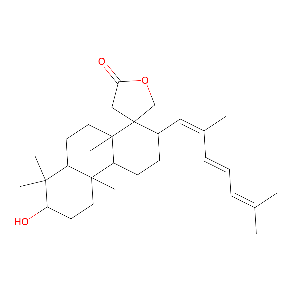 2-(2,6-Dimethylhepta-1,3,5-trienyl)-7-hydroxy-4b,8,8,10a-tetramethylspiro[2,3,4,4a,5,6,7,8a,9,10-decahydrophenanthrene-1,4'-oxolane]-2'-one molecular structure, CAS 3649-76-1