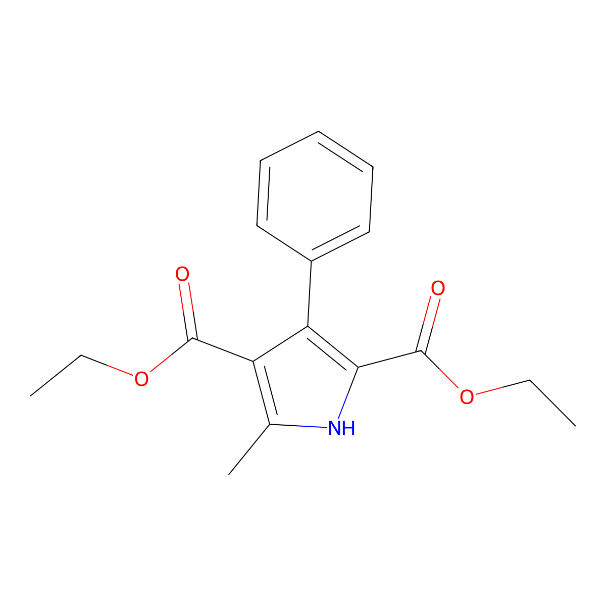 diethyl 5-methyl-3-phenyl-1H-pyrrole-2,4-dicarboxylate molecular structure, CAS 3651-13-6