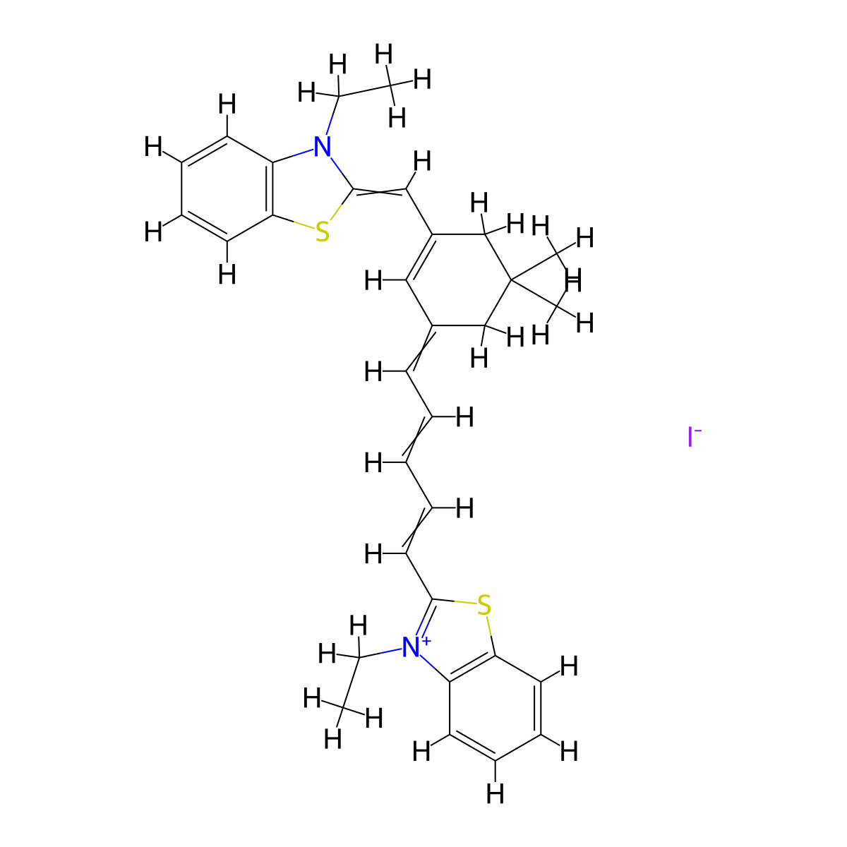 Benzothiazolium, 3-ethyl-2-(5-(3-((3-ethyl-2(3H)-benzothiazolylidene)methyl)-5,5-dimethyl-2-cyclohexen-1-ylidene)-1,3-pentadien-1-yl)-, iodide (1:1) molecular structure, CAS 36528-80-0