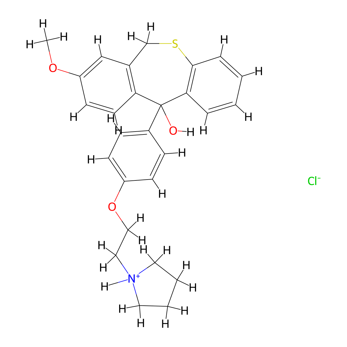 Dibenzo(b,e)thiepin-11-ol, 6,11-dihydro-8-methoxy-11-(p-(2-(1-pyrrolidinyl)ethoxy)phenyl)-, hydrochloride molecular structure, CAS 36547-32-7