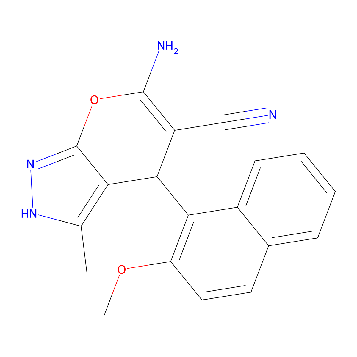 6-Amino-4-(2-methoxy-1-naphthyl)-3-methyl-1,4-dihydropyrano[2,3-c]pyrazole-5-carbonitrile molecular structure, CAS 365516-70-7