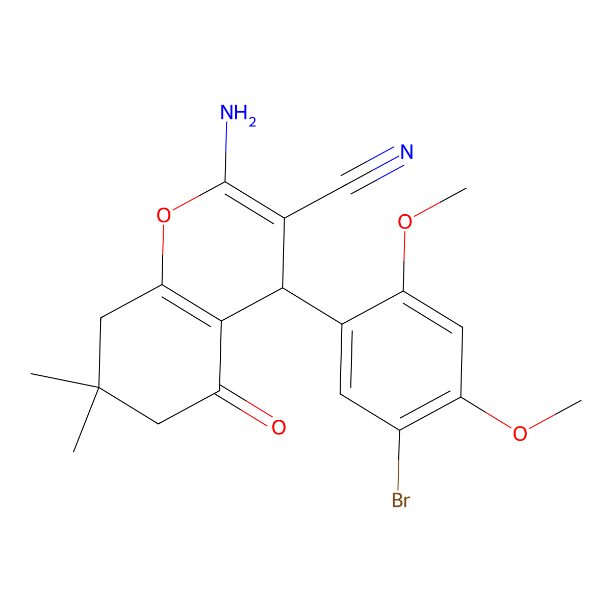 2-amino-4-(5-bromo-2,4-dimethoxyphenyl)-7,7-dimethyl-5-oxo-5,6,7,8-tetrahydro-4H-chromene-3-carbonitrile molecular structure, CAS 365517-24-4