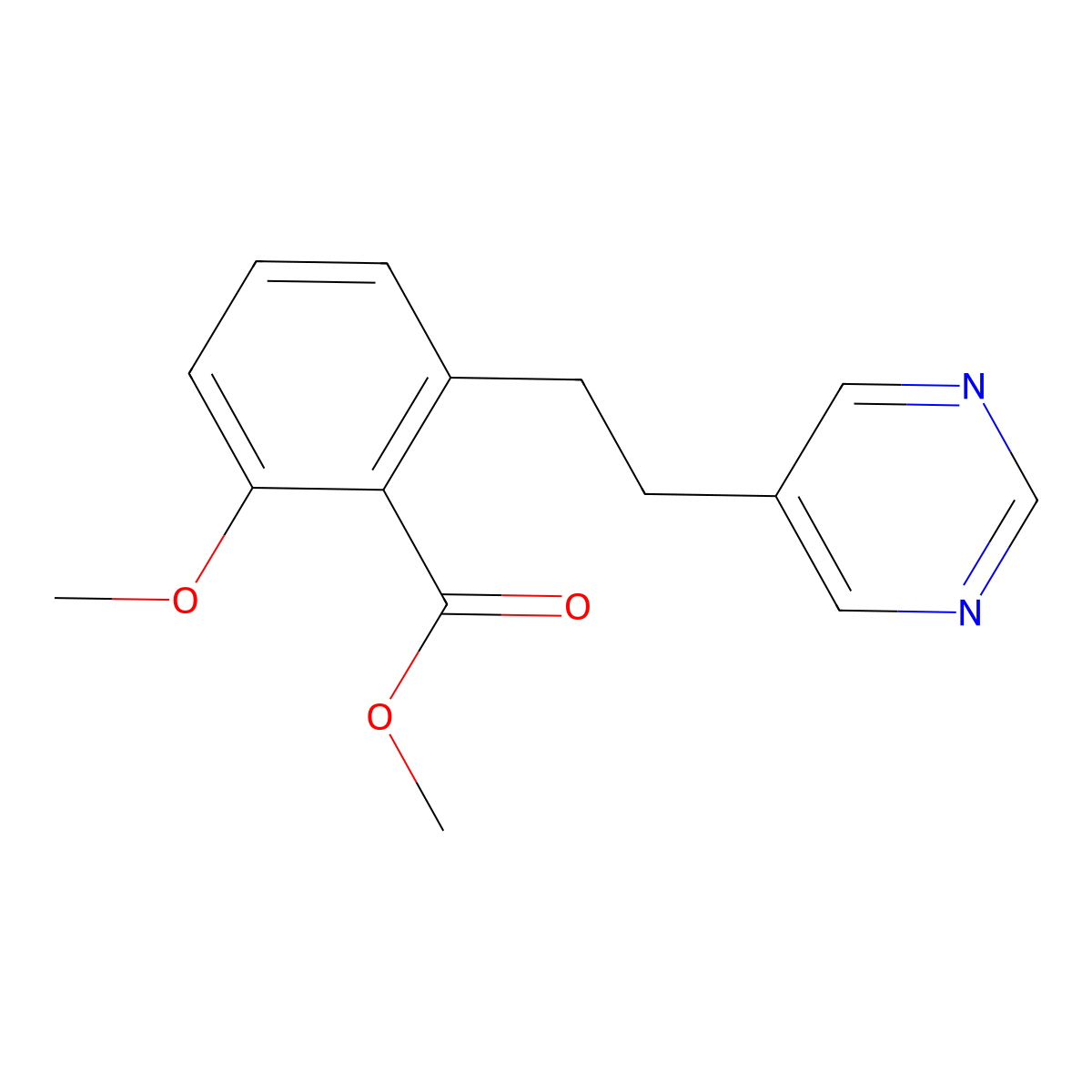 2-Methoxy-6-(2-pyrimidin-5-yl-ethyl)-benzoic acid methyl ester molecular structure, CAS 365542-70-7