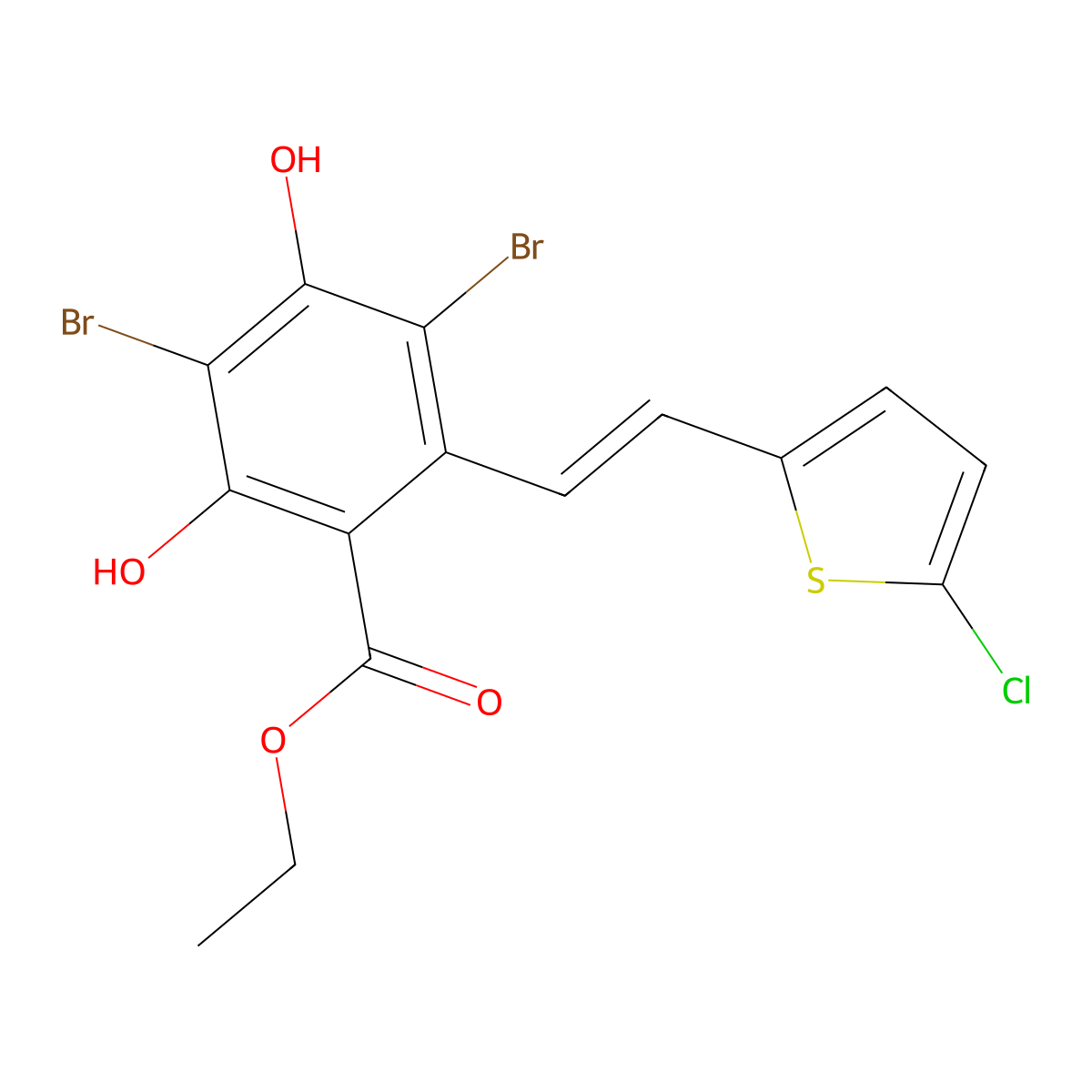 3,5-Dibromo-2-[2-(5-chloro-thiophen-2-yl)-vinyl]-4,6-dihydroxy-benzoic acid ethyl ester molecular structure, CAS 365542-90-1