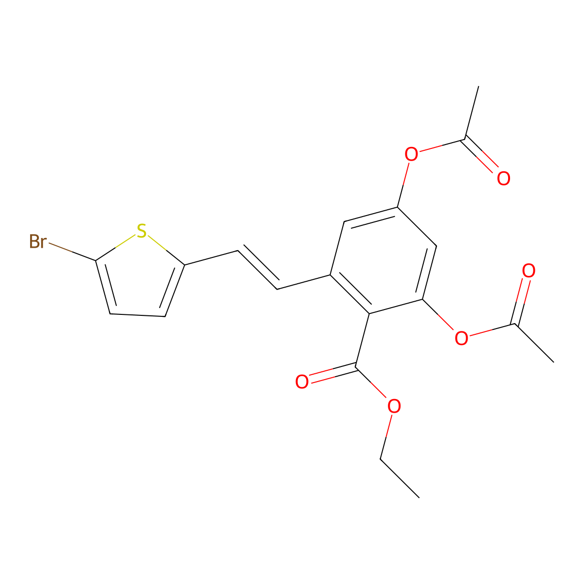 2,4-Diacetoxy-6-[2-(5-bromo-thiophen-2-yl)-vinyl]-benzoic acid ethyl ester molecular structure, CAS 365542-97-8