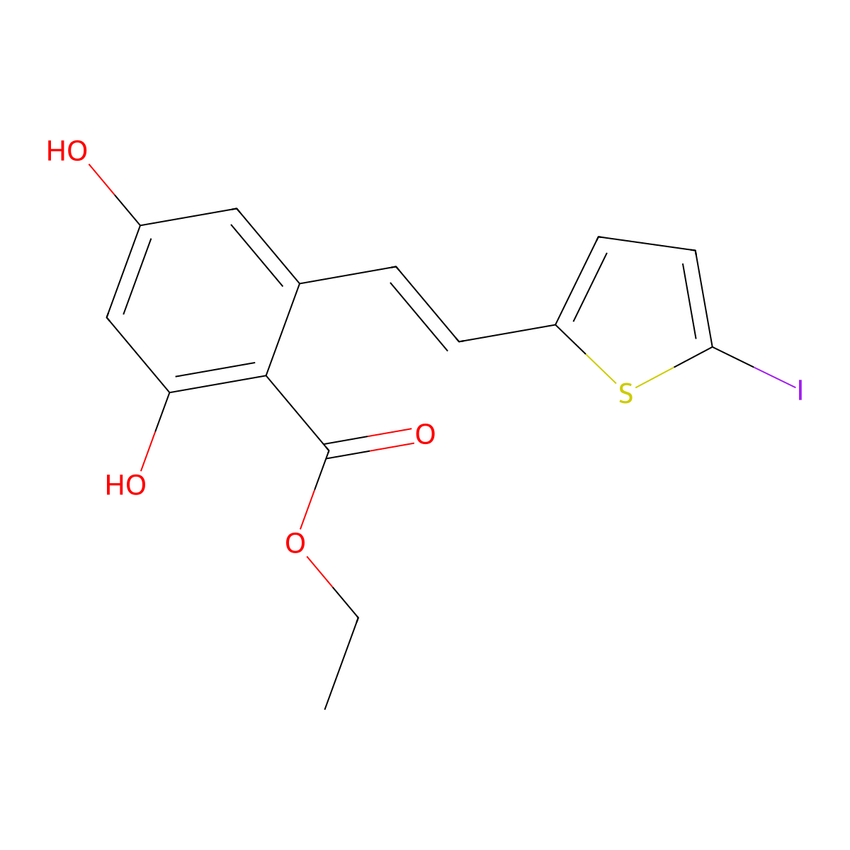2,4-Dihydroxy-6-[2-(5-iodo-thiophen-2-yl)-vinyl]-benzoic acid ethyl ester molecular structure, CAS 365543-01-7