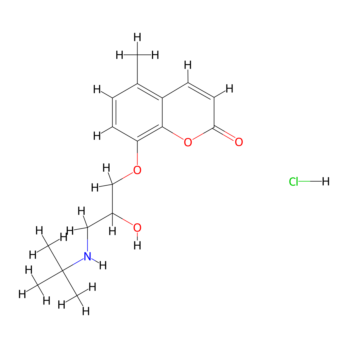 2H-1-Benzopyran-2-one, 8-(3-((1,1-dimethylethyl)amino)-2-hydroxypropoxy)-5-methyl-, hydrochloride (1:1) molecular structure, CAS 36556-75-9