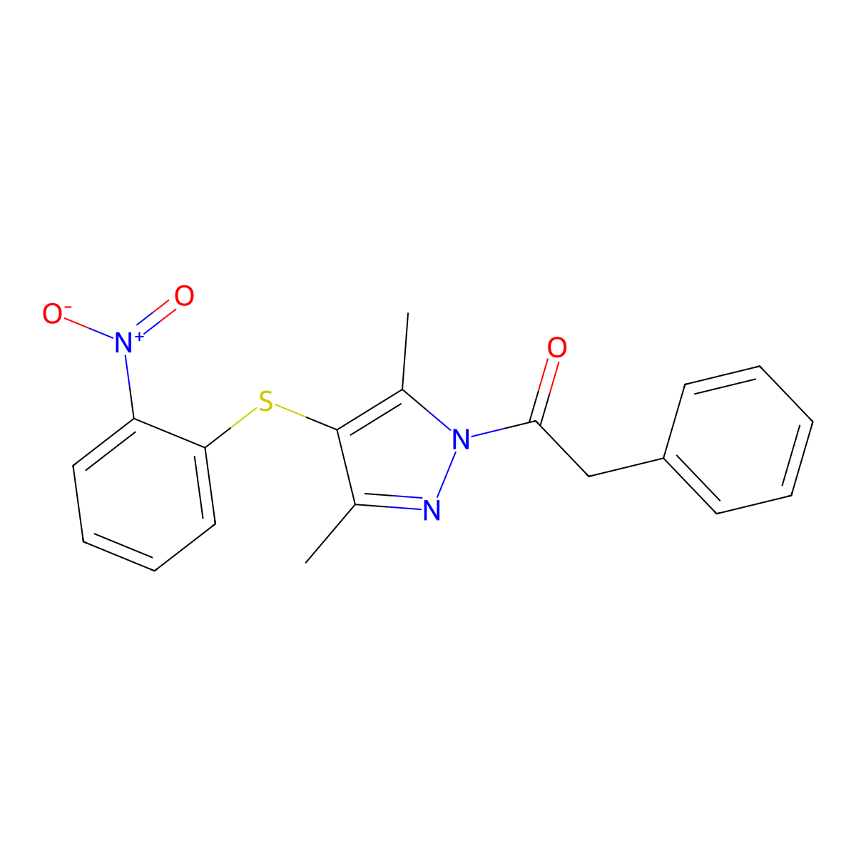 1-(3,5-dimethyl-4-((2-nitrophenyl)thio)-1H-pyrazol-1-yl)-2-phenylethanone molecular structure, CAS 365566-25-2