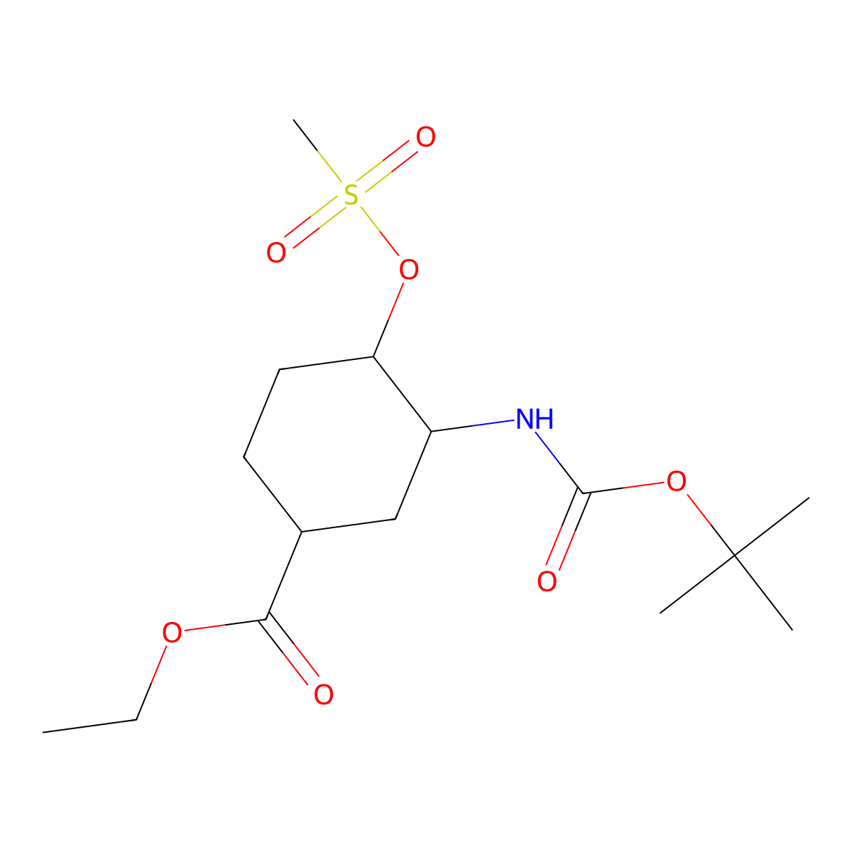 Ethyl (1S,3R,4R)-3-(((1,1-dimethylethoxy)carbonyl)amino)-4-((methylsulfonyl)oxy)cyclohexanecarboxylate molecular structure, CAS 365997-36-0