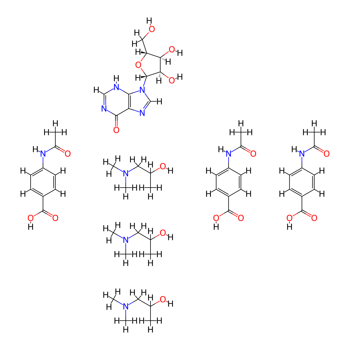 tris(4-acetamidobenzoic acid);9-[(2R,3R,4S,5R)-3,4-dihydroxy-5-(hydroxymethyl)oxolan-2-yl]-3H-purin-6-one;tris(1-(dimethylamino)propan-2-ol) molecular structure, CAS 36703-88-5