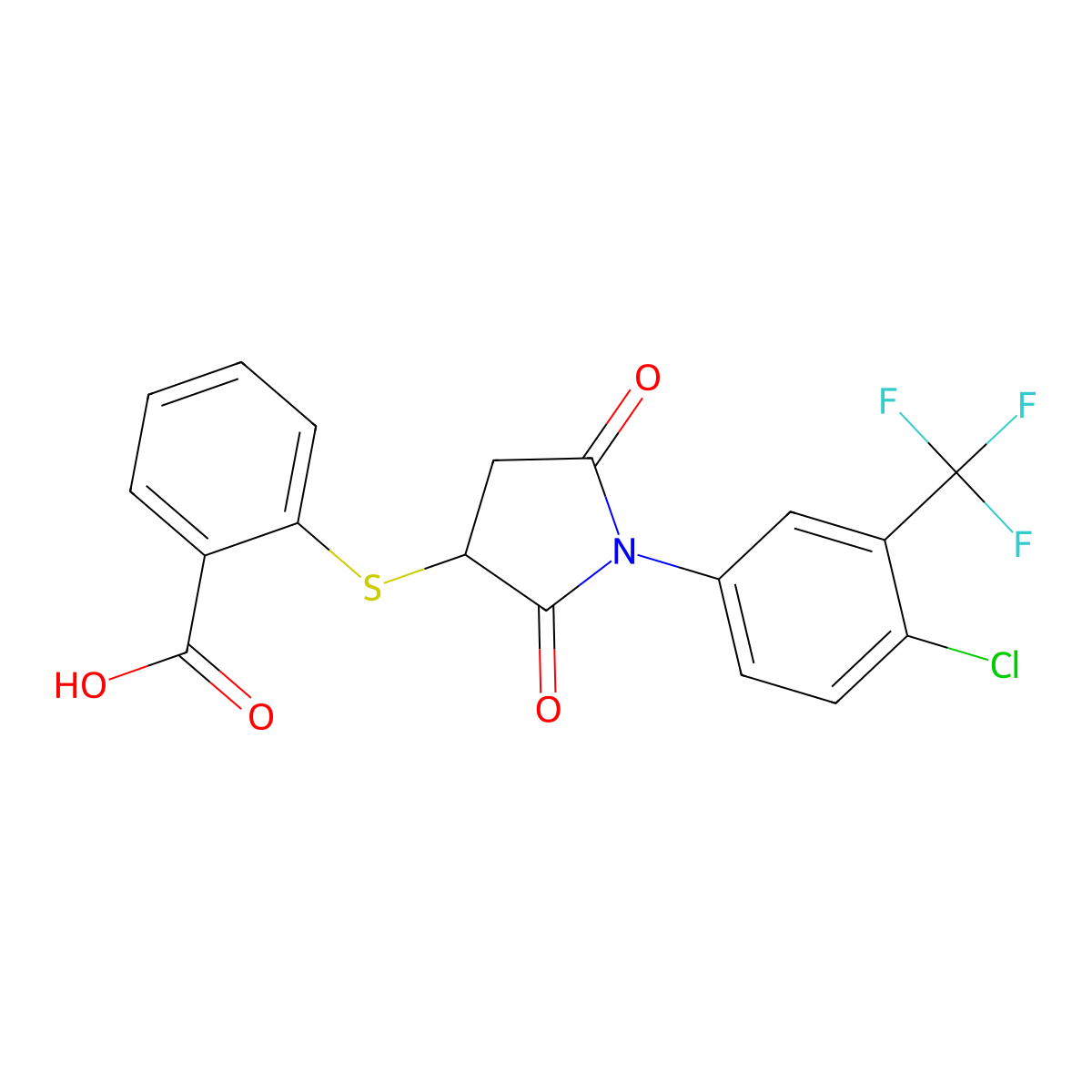 2-((1-(4-Chloro-3-(trifluoromethyl)phenyl)-2,5-dioxopyrrolidin-3-yl)thio)benzoic acid molecular structure, CAS 367908-34-7