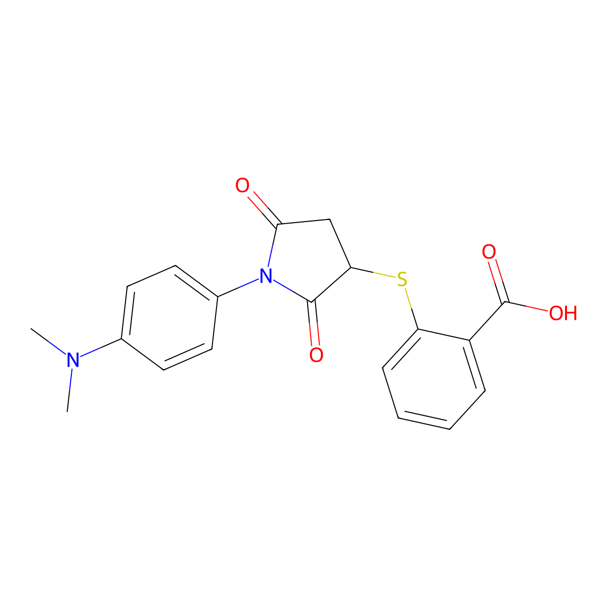 2-((1-(4-(Dimethylamino)phenyl)-2,5-dioxopyrrolidin-3-yl)thio)benzoic acid molecular structure, CAS 367908-50-7
