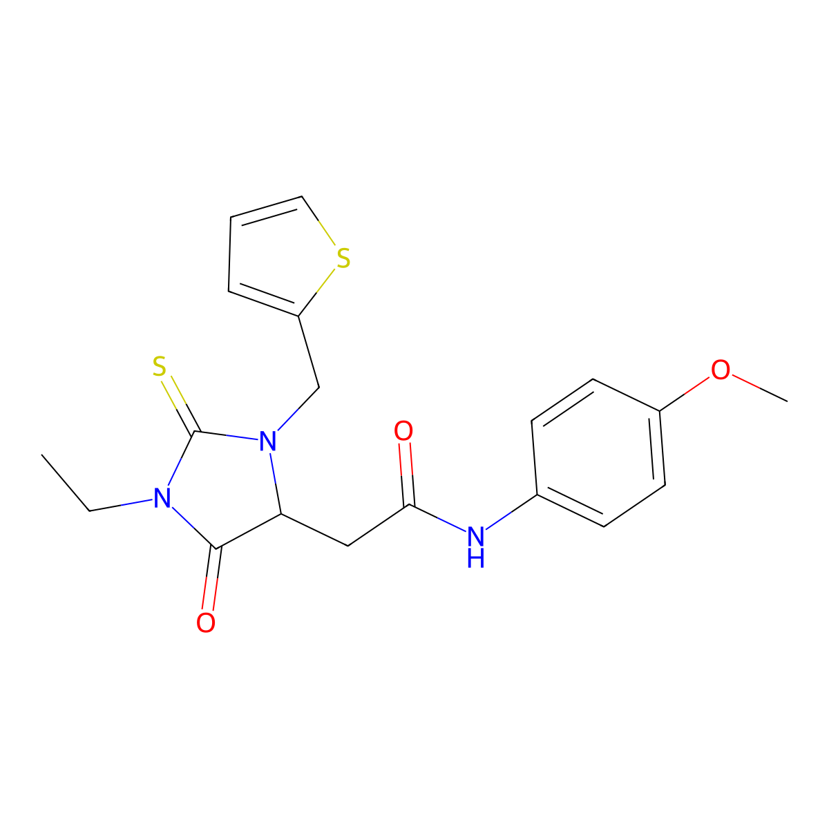 2-[1-ethyl-5-oxo-3-(thiophen-2-ylmethyl)-2-thioxoimidazolidin-4-yl]-N-(4-methoxyphenyl)acetamide molecular structure, CAS 367927-95-5