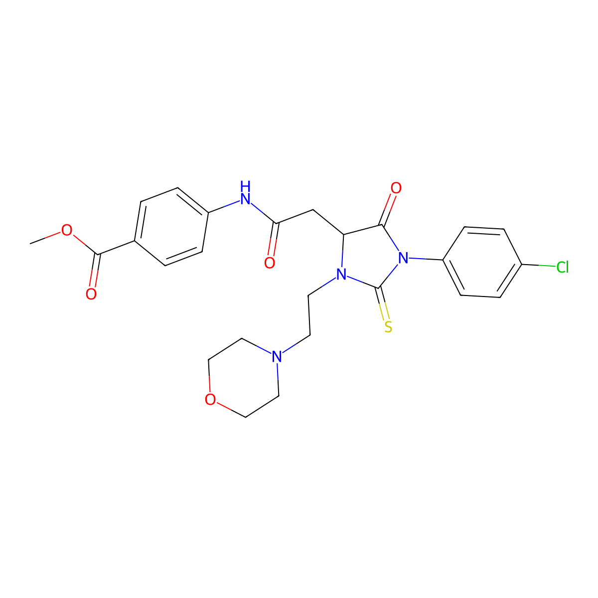 Methyl 4-[({1-(4-chlorophenyl)-3-[2-(morpholin-4-yl)ethyl]-5-oxo-2-thioxoimidazolidin-4-yl}acetyl)amino]benzoate molecular structure, CAS 367928-54-9