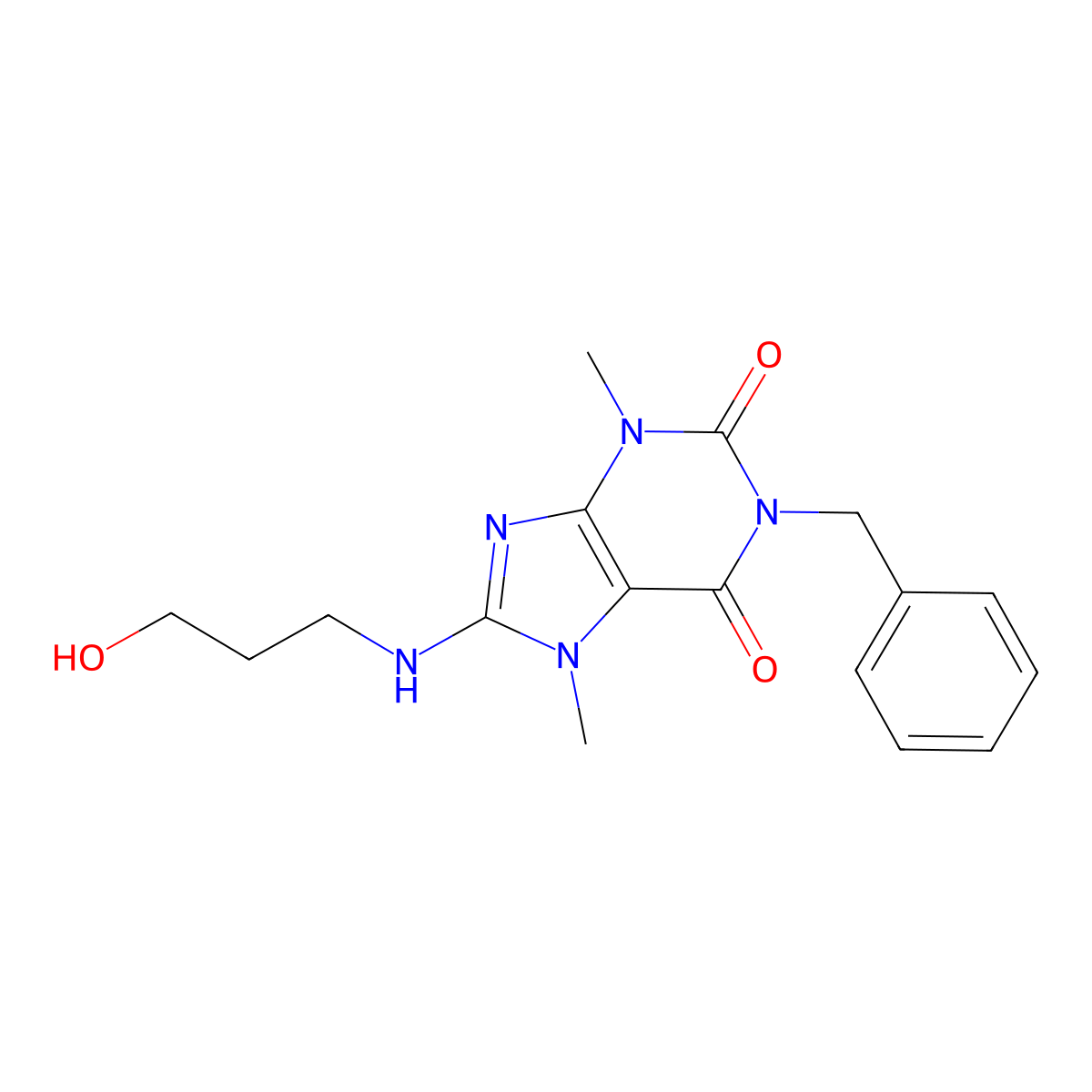 1-benzyl-8-((3-hydroxypropyl)amino)-3,7-dimethyl-1H-purine-2,6(3H,7H)-dione molecular structure, CAS 368433-62-9