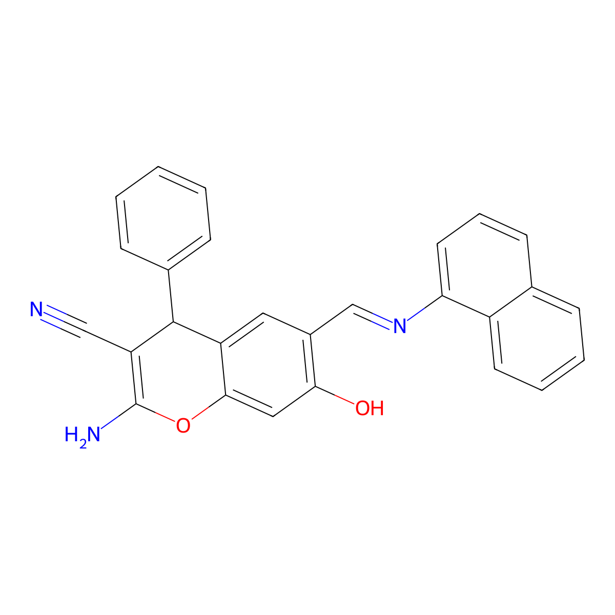 2-amino-7-hydroxy-6-[(E)-(naphthalen-1-ylimino)methyl]-4-phenyl-4H-chromene-3-carbonitrile molecular structure, CAS 368433-65-2