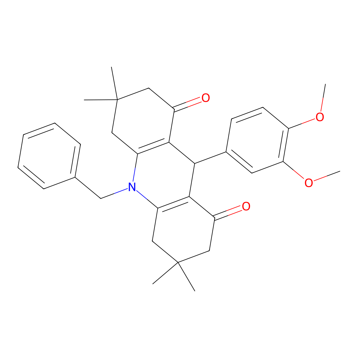 10-benzyl-9-(3,4-dimethoxyphenyl)-3,3,6,6-tetramethyl-4,5,7,9-tetrahydro-2H-acridine-1,8-dione molecular structure, CAS 368434-34-8