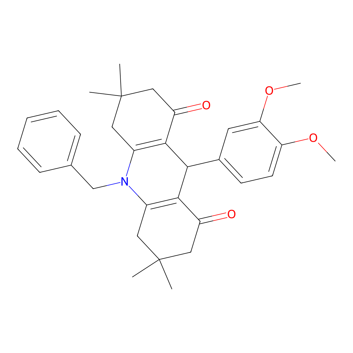 10-benzyl-9-(3,4-dimethoxyphenyl)-3,3,6,6-tetramethyl-4,5,7,9-tetrahydro-2H-acridine-1,8-dione molecular structure, CAS 368434-34-8