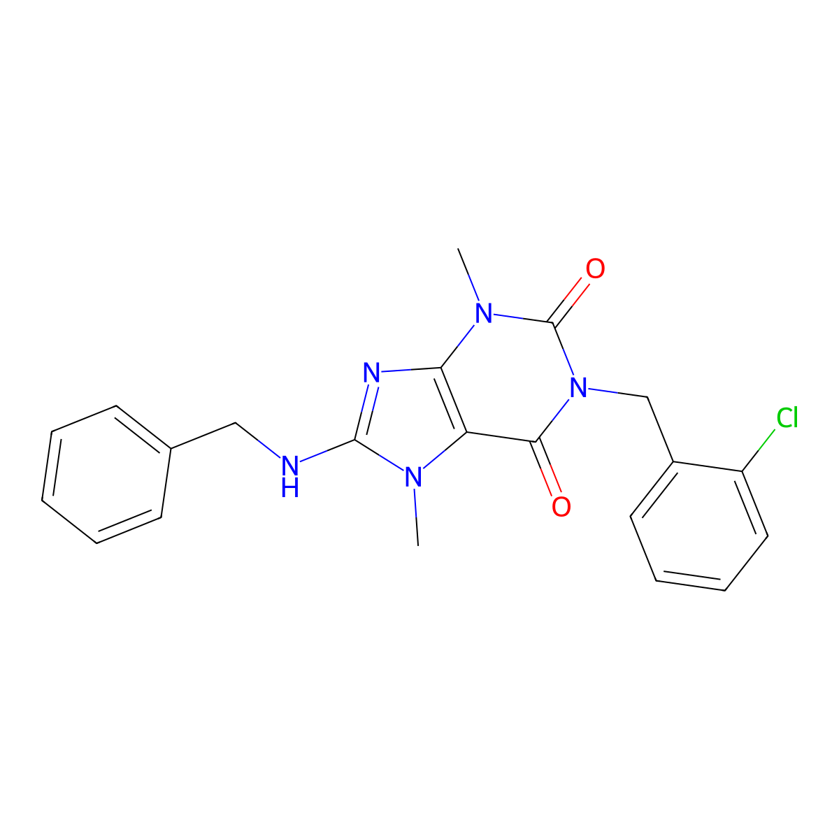 8-(benzylamino)-1-(2-chlorobenzyl)-3,7-dimethyl-1H-purine-2,6(3H,7H)-dione molecular structure, CAS 368837-78-9