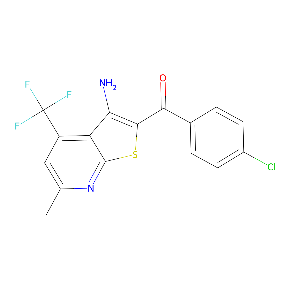 (3-Amino-6-methyl-4-(trifluoromethyl)thieno[2,3-b]pyridin-2-yl)(4-chlorophenyl)methanone molecular structure, CAS 368840-22-6