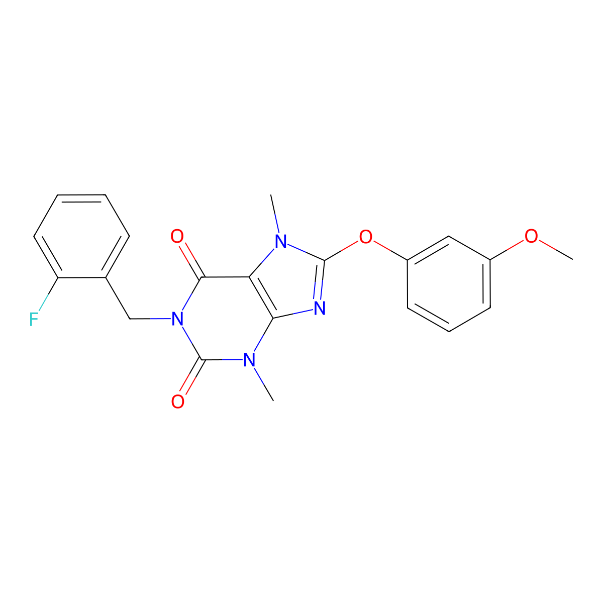 1-[(2-Fluorophenyl)methyl]-8-(3-methoxyphenoxy)-3,7-dimethylpurine-2,6-dione molecular structure, CAS 368840-48-6