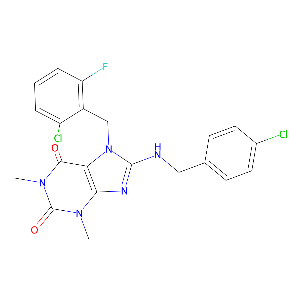 8-[(4-chlorobenzyl)amino]-7-(2-chloro-6-fluorobenzyl)-1,3-dimethyl-3,7-dihydro-1H-purine-2,6-dione molecular structure, CAS 368840-62-4