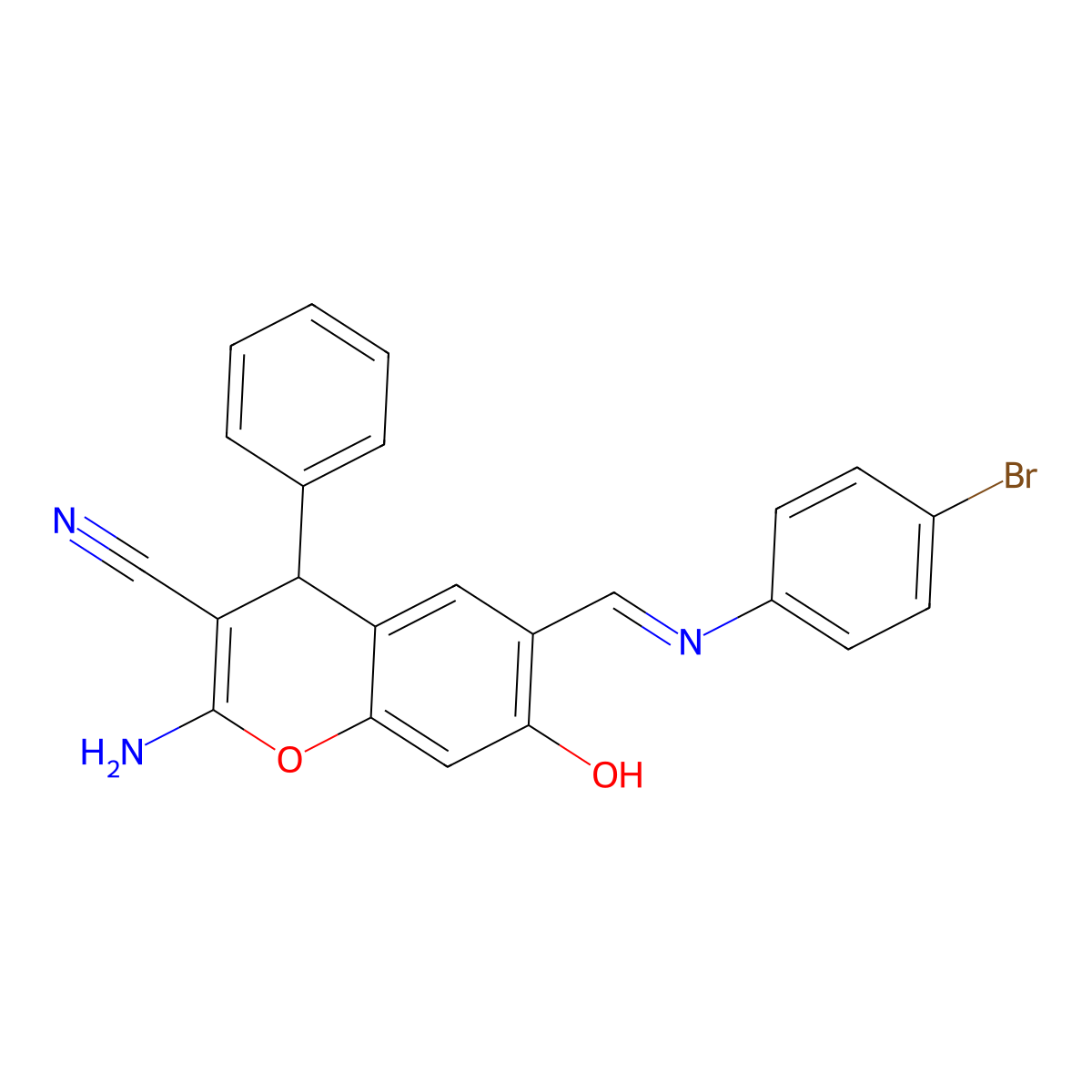 2-amino-6-{(E)-[(4-bromophenyl)imino]methyl}-7-hydroxy-4-phenyl-4H-chromene-3-carbonitrile molecular structure, CAS 368841-27-4