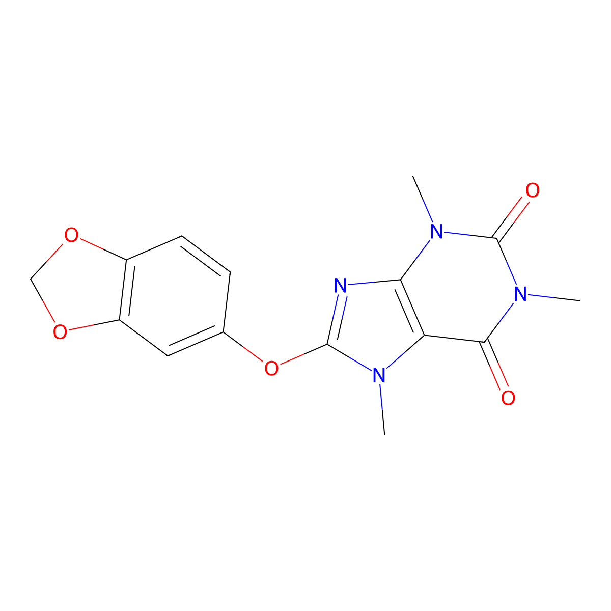 8-(1,3-Benzodioxol-5-yloxy)-1,3,7-trimethylpurine-2,6-dione molecular structure, CAS 368845-25-4