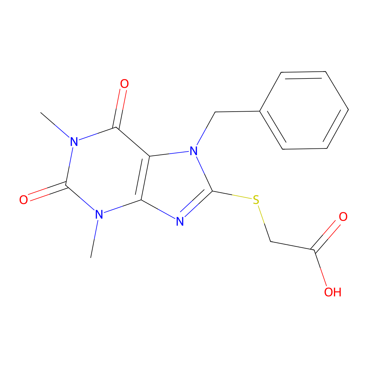 2-((7-benzyl-1,3-dimethyl-2,6-dioxo-2,3,6,7-tetrahydro-1H-purin-8-yl)thio)acetic acid molecular structure, CAS 368847-39-6