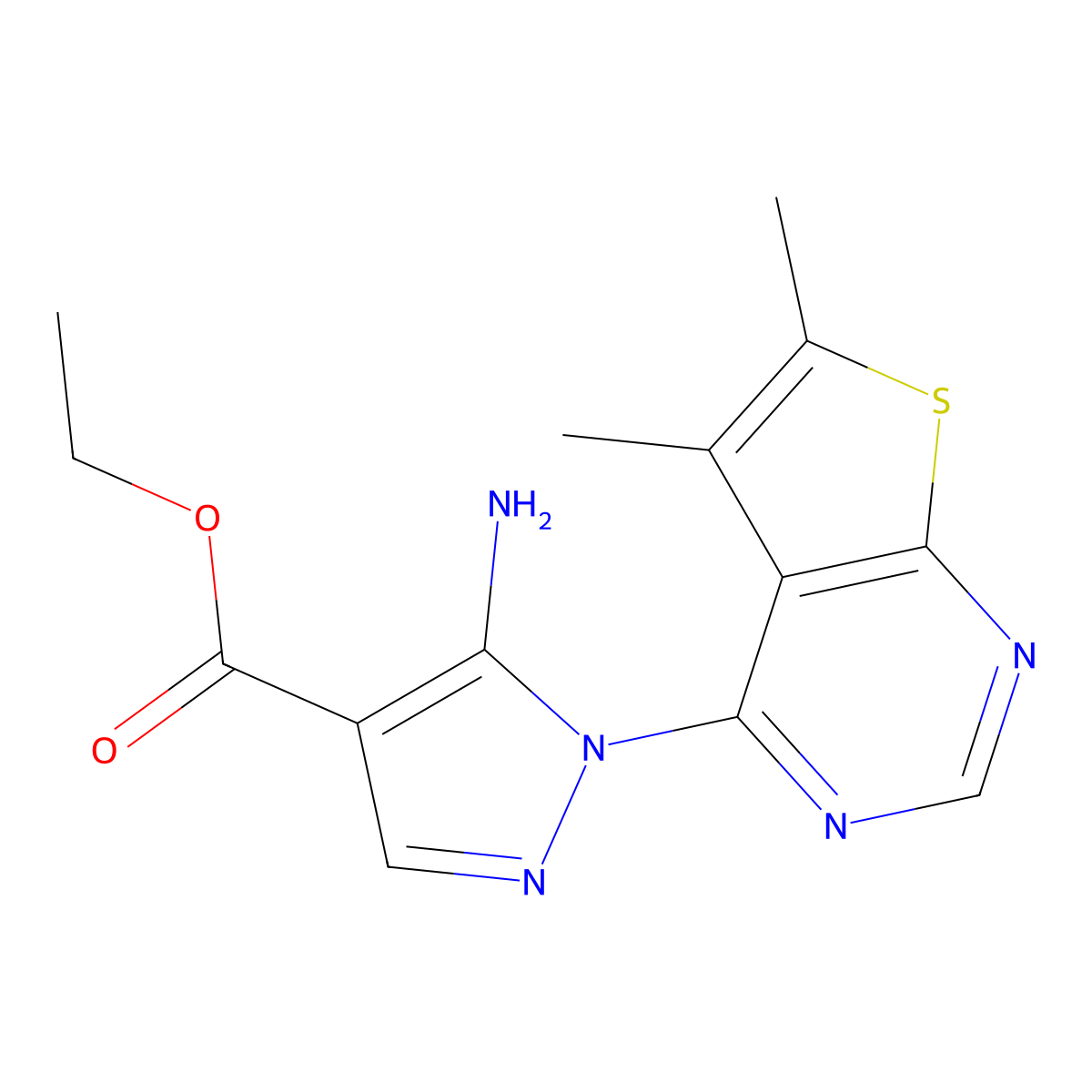 ethyl 5-amino-1-(5,6-dimethylthieno[2,3-d]pyrimidin-4-yl)-1H-pyrazole-4-carboxylate molecular structure, CAS 368860-76-8