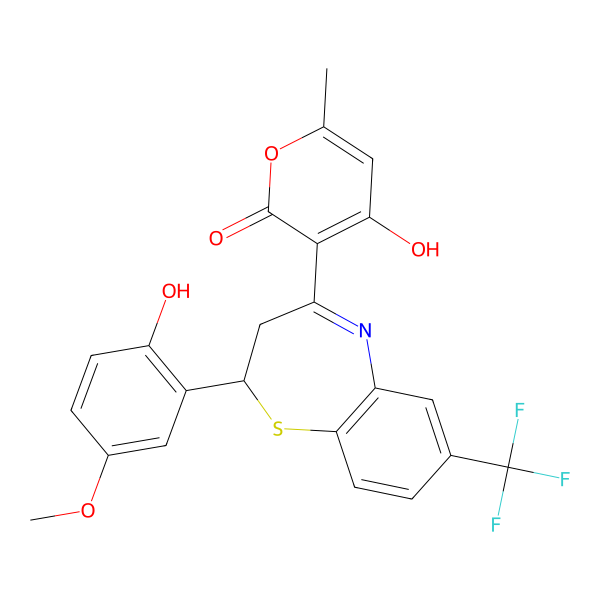 2-hydroxy-3-[2-(2-hydroxy-5-methoxyphenyl)-7-(trifluoromethyl)-2,3-dihydro-1,5-benzothiazepin-4-yl]-6-methyl-4H-pyran-4-one molecular structure, CAS 368889-27-4