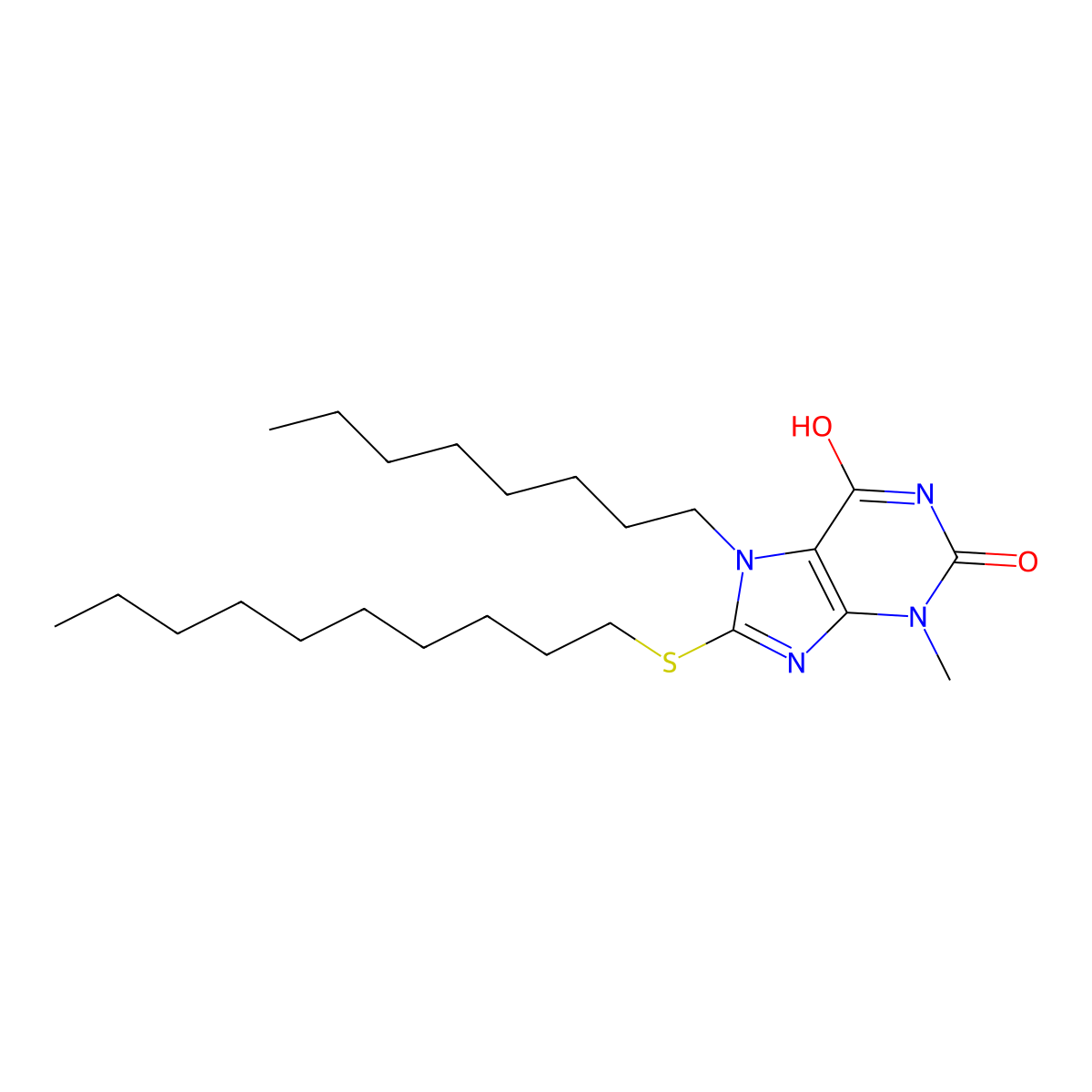 8-(decylsulfanyl)-3-methyl-7-octyl-3,7-dihydro-1H-purine-2,6-dione molecular structure, CAS 368889-39-8
