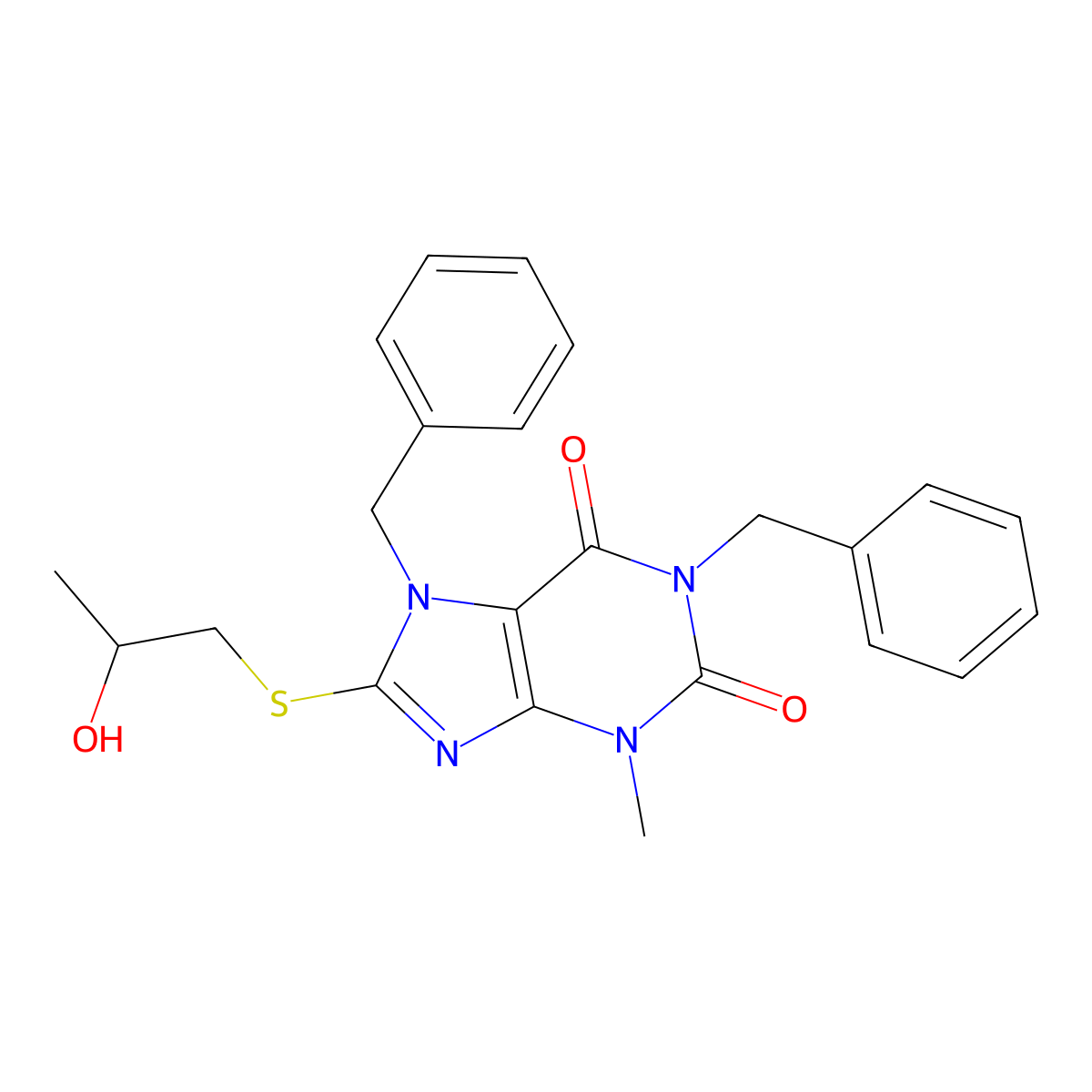 1,7-dibenzyl-8-((2-hydroxypropyl)thio)-3-methyl-1H-purine-2,6(3H,7H)-dione molecular structure, CAS 368889-41-2