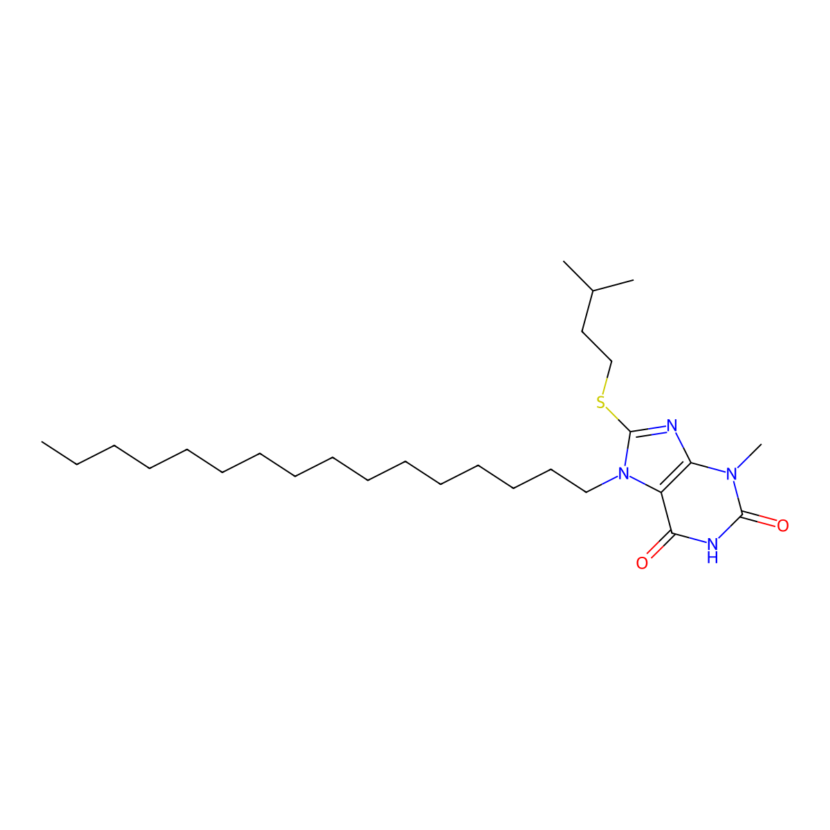 7-Hexadecyl-3-methyl-8-(3-methyl-butylsulfanyl)-3,7-dihydro-purine-2,6-dione molecular structure, CAS 368889-68-3