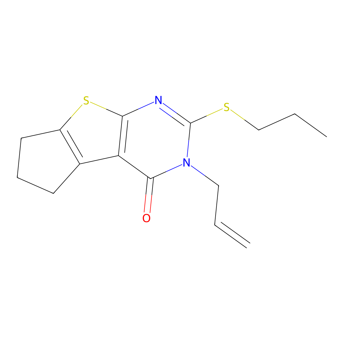 2-prop-2-enyl-3-propylsulfanyl-7,8-dihydro-6H-cyclopenta[2,3]thieno[2,4-b]pyrimidin-1-one molecular structure, CAS 368889-91-2