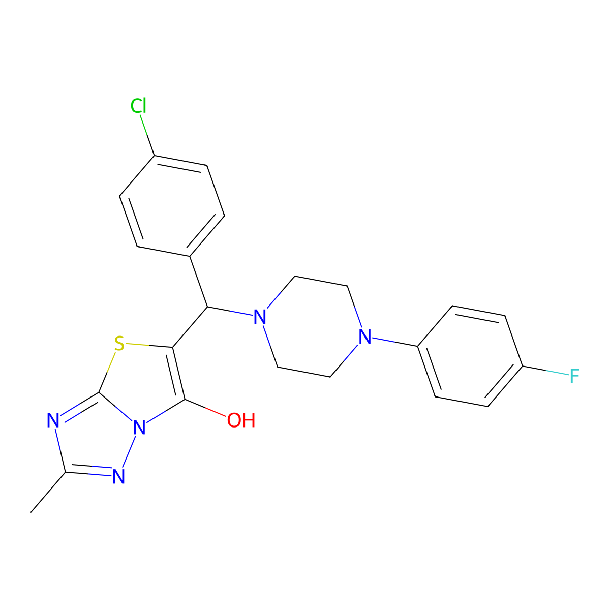 5-((4-Chlorophenyl)(4-(4-fluorophenyl)piperazin-1-yl)methyl)-2-methylthiazolo[3,2-b][1,2,4]triazol-6-ol molecular structure, CAS 369367-07-7