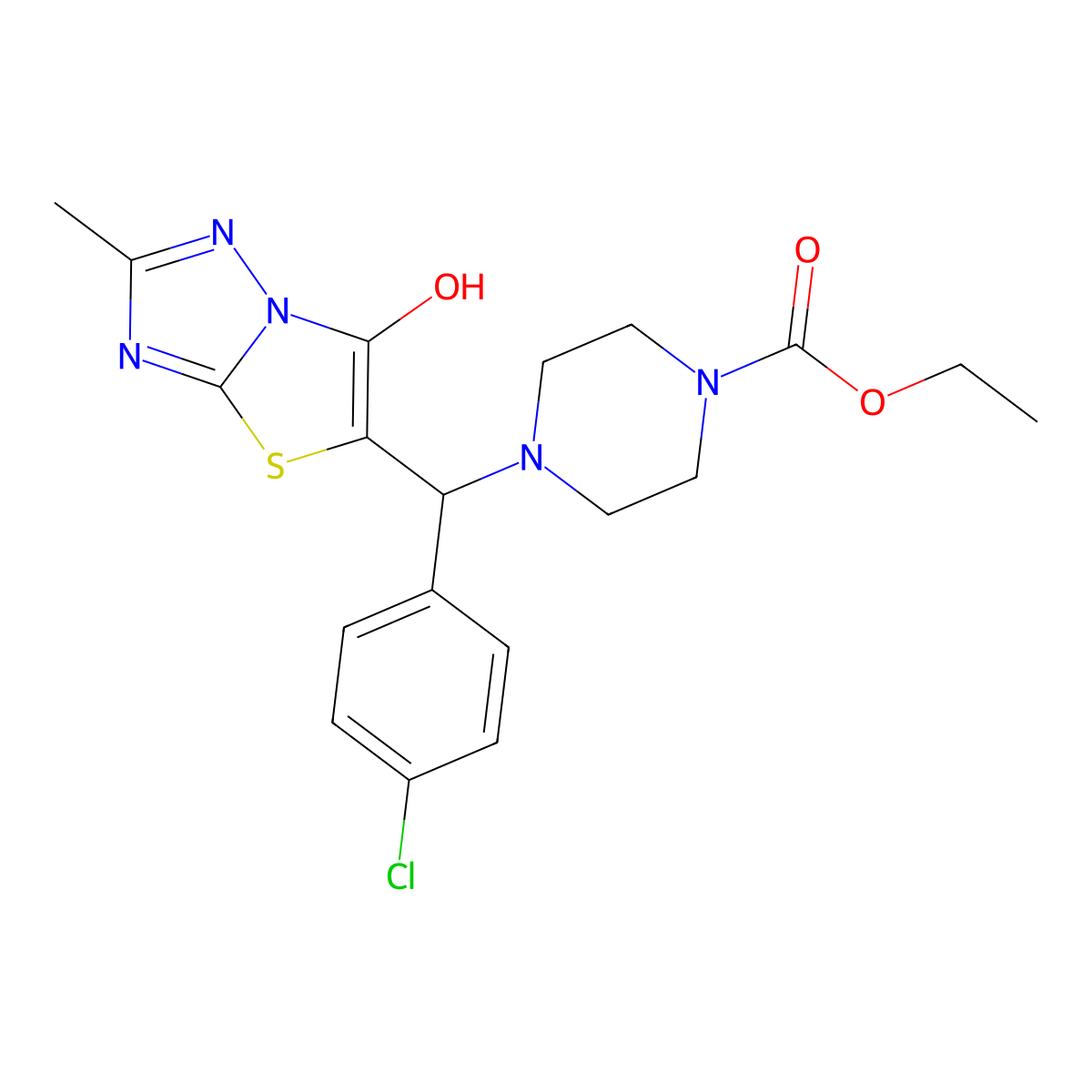 Ethyl 4-((4-chlorophenyl)(6-hydroxy-2-methylthiazolo[3,2-b][1,2,4]triazol-5-yl)methyl)piperazine-1-carboxylate molecular structure, CAS 369367-08-8