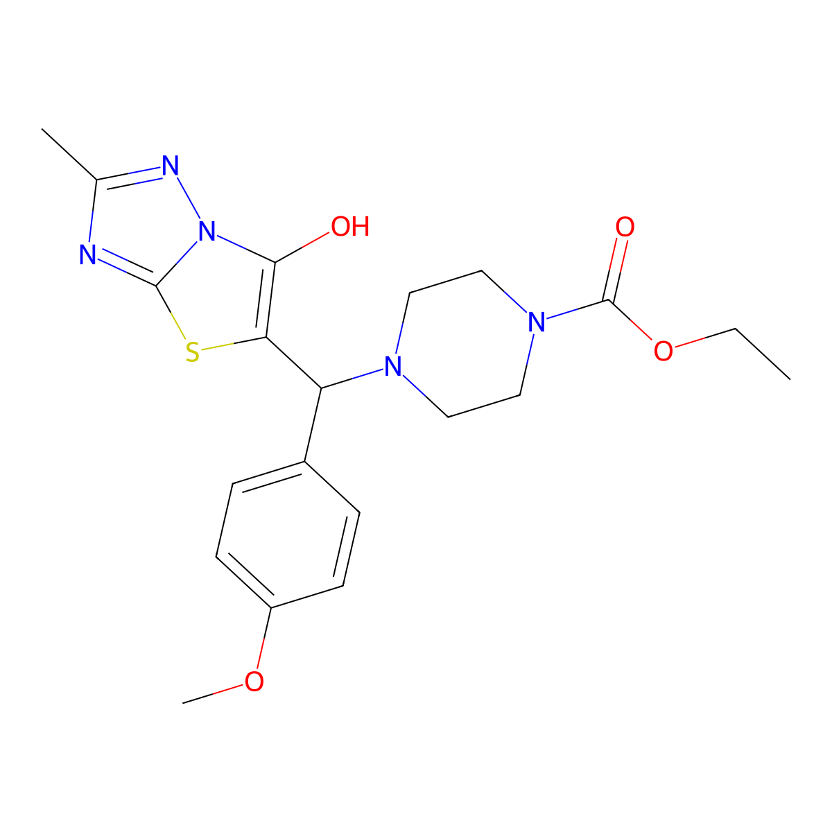 Ethyl 4-((6-hydroxy-2-methylthiazolo[3,2-b][1,2,4]triazol-5-yl)(4-methoxyphenyl)methyl)piperazine-1-carboxylate molecular structure, CAS 369367-13-5