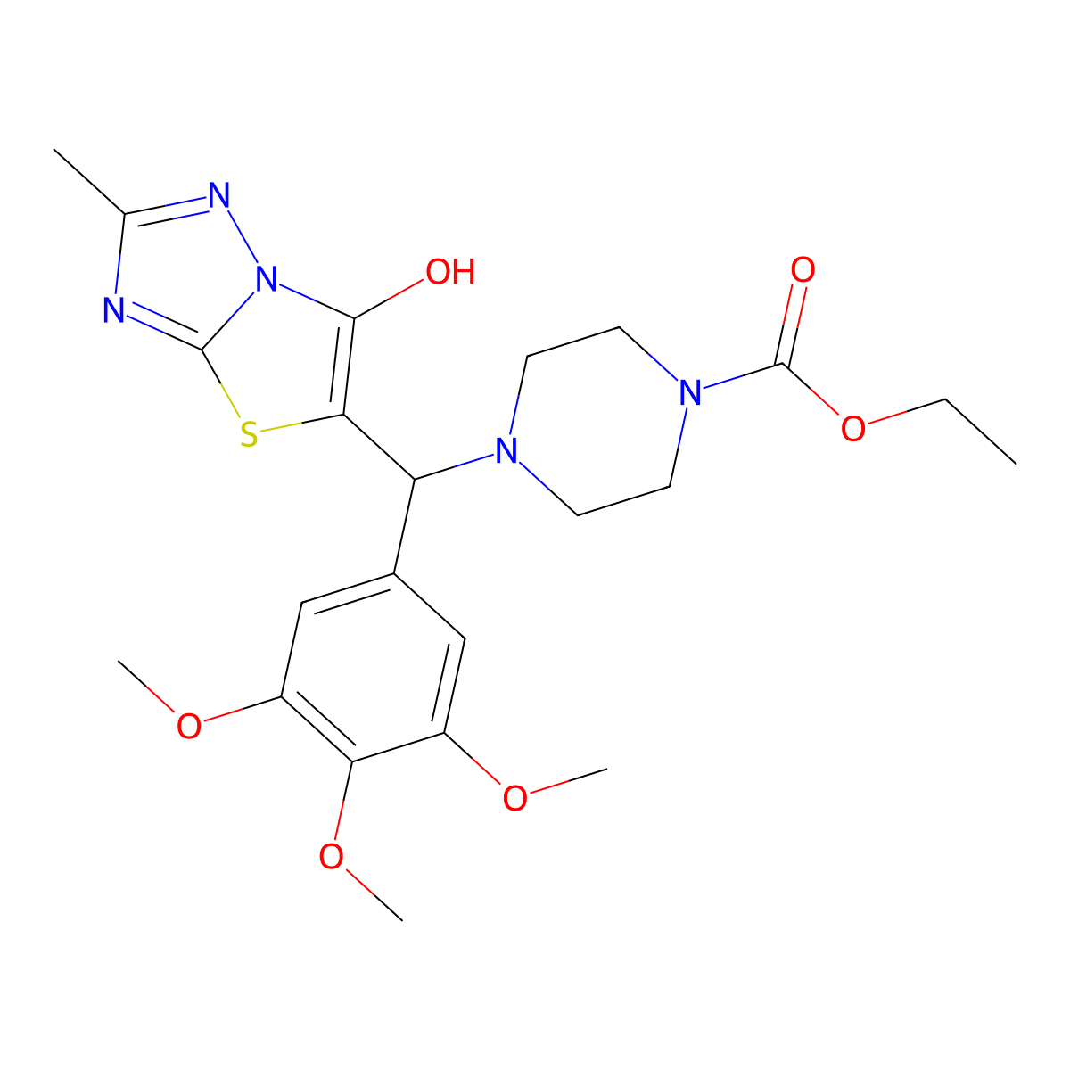 Ethyl 4-((6-hydroxy-2-methylthiazolo[3,2-b][1,2,4]triazol-5-yl)(3,4,5-trimethoxyphenyl)methyl)piperazine-1-carboxylate molecular structure, CAS 369367-20-4