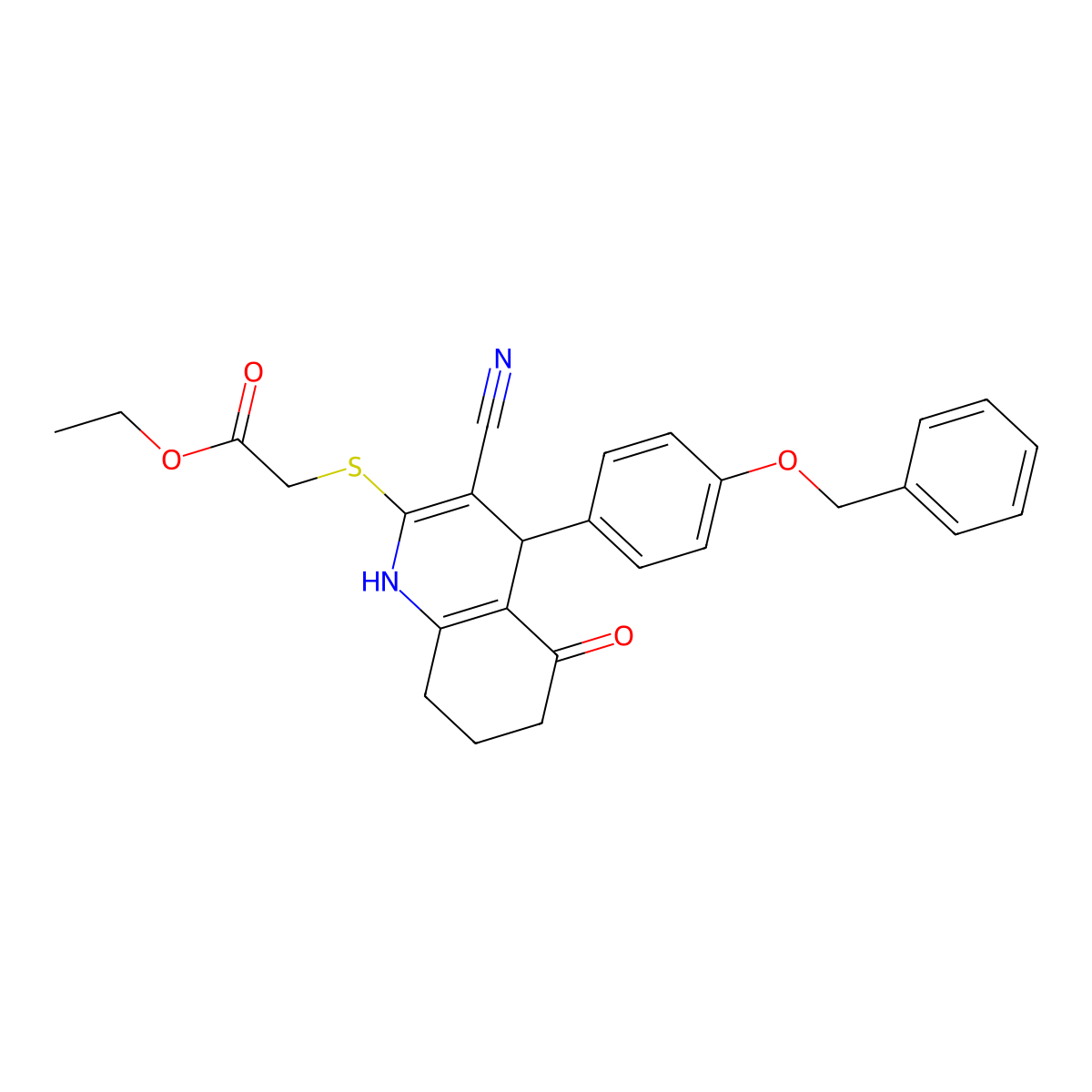 Ethyl 2-((4-(4-(benzyloxy)phenyl)-3-cyano-5-oxo-1,4,5,6,7,8-hexahydroquinolin-2-yl)thio)acetate molecular structure, CAS 369393-06-6