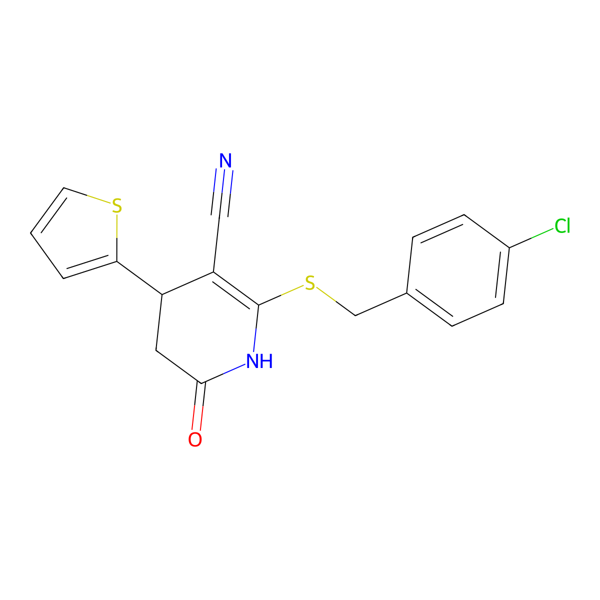 6-[(4-chlorophenyl)methylsulfanyl]-2-oxo-4-thiophen-2-yl-3,4-dihydro-1H-pyridine-5-carbonitrile molecular structure, CAS 369393-36-2