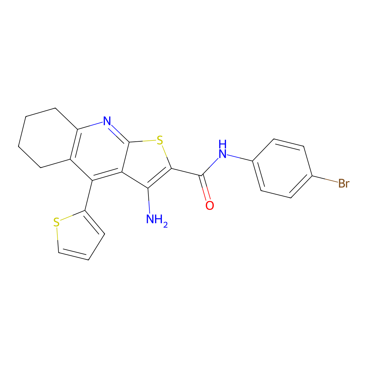 3-amino-N-(4-bromophenyl)-4-(thiophen-2-yl)-5,6,7,8-tetrahydrothieno[2,3-b]quinoline-2-carboxamide molecular structure, CAS 369393-46-4