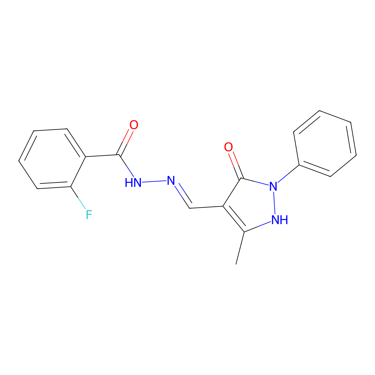 2-fluoro-N-[(5-methyl-3-oxo-2-phenyl-1H-pyrazol-4-yl)methylideneamino]benzamide molecular structure, CAS 369393-50-0