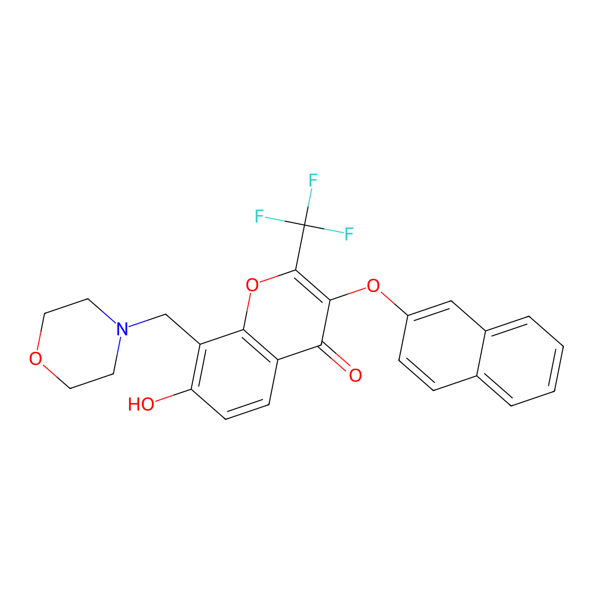 7-hydroxy-8-(morpholinomethyl)-3-(naphthalen-2-yloxy)-2-(trifluoromethyl)-4H-chromen-4-one molecular structure, CAS 369393-56-6