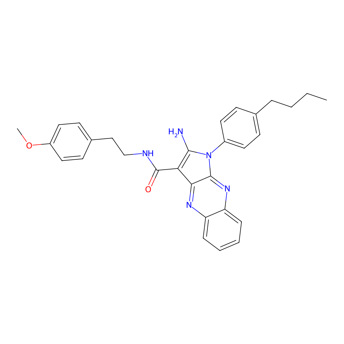 2-amino-1-(4-butylphenyl)-N-[2-(4-methoxyphenyl)ethyl]-1H-pyrrolo[2,3-b]quinoxaline-3-carboxamide molecular structure, CAS 369393-73-7
